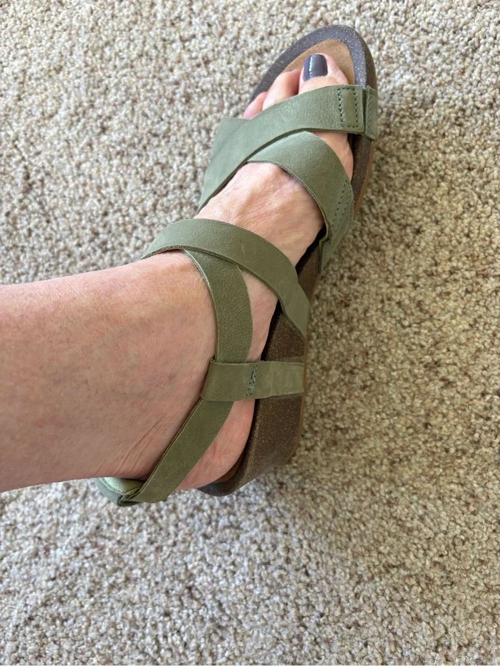 Teva Mahonia Cross Strap Wedge Sandal. Olive Green Suede Strap.